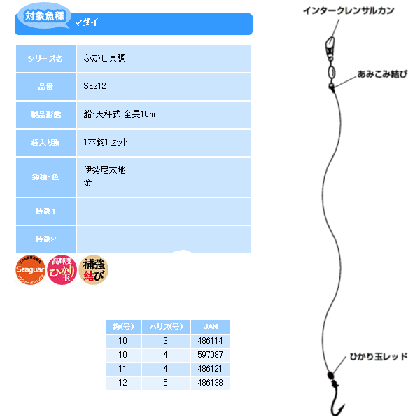 画像: ハヤブサ ふかせ真鯛 10m1本鈎 SE212 12号 (ハリス 5号) 【5点セット】