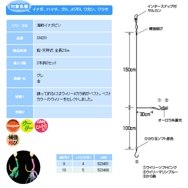 画像: ハヤブサ 海戦イナダビシ MIXウィリー+カラ鈎2本 SN231 2本鈎2セット 9号 (ハリス 4号) 【10点セット】