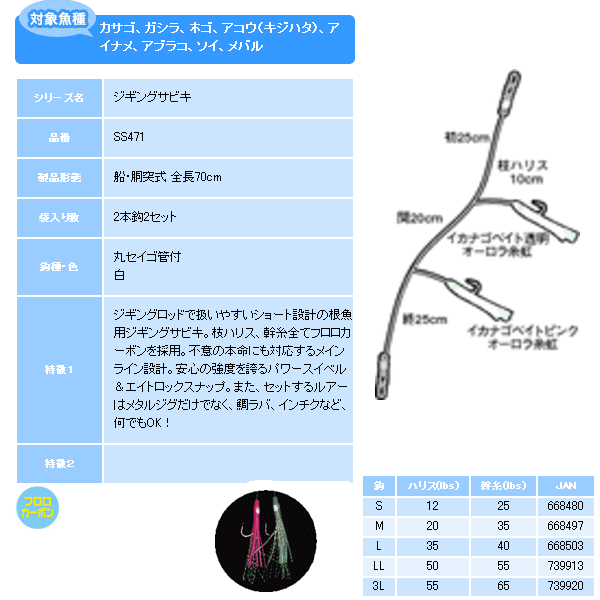 画像: ハヤブサ ジギングサビキ 根魚用 SS471 2本鈎2セット 3L (ハリス 55lbs) 【10点セット】