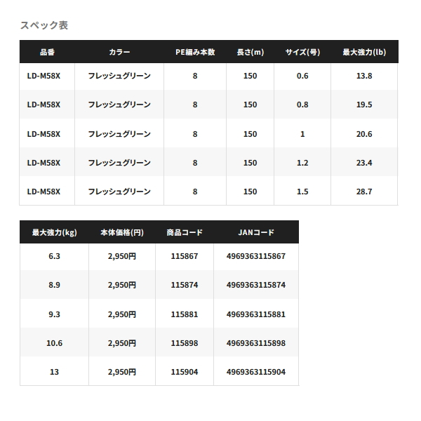 ≪'24年3月新商品！≫ シマノ ハードブル 8+ LD-M58X 150m 5号 フレッシュグリーン