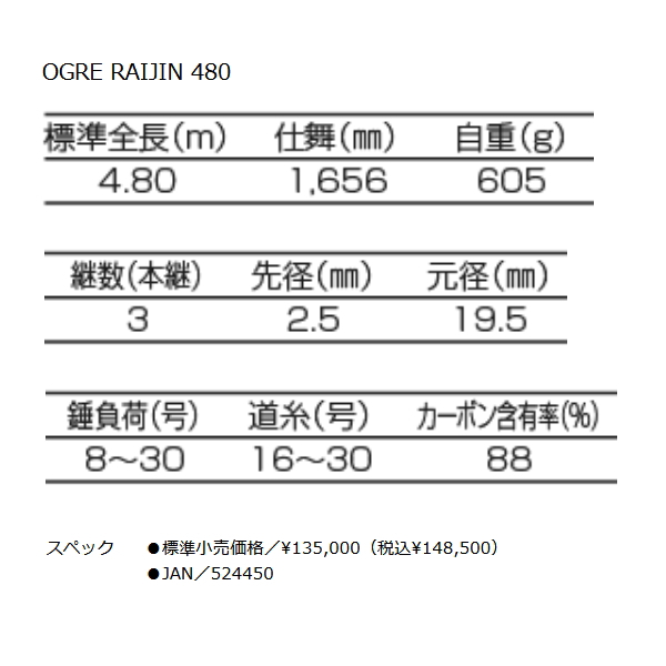 画像: 釣武者 オウガ ライジン 480 〔仕舞寸法 165.6cm〕 【大型商品1/代引不可】